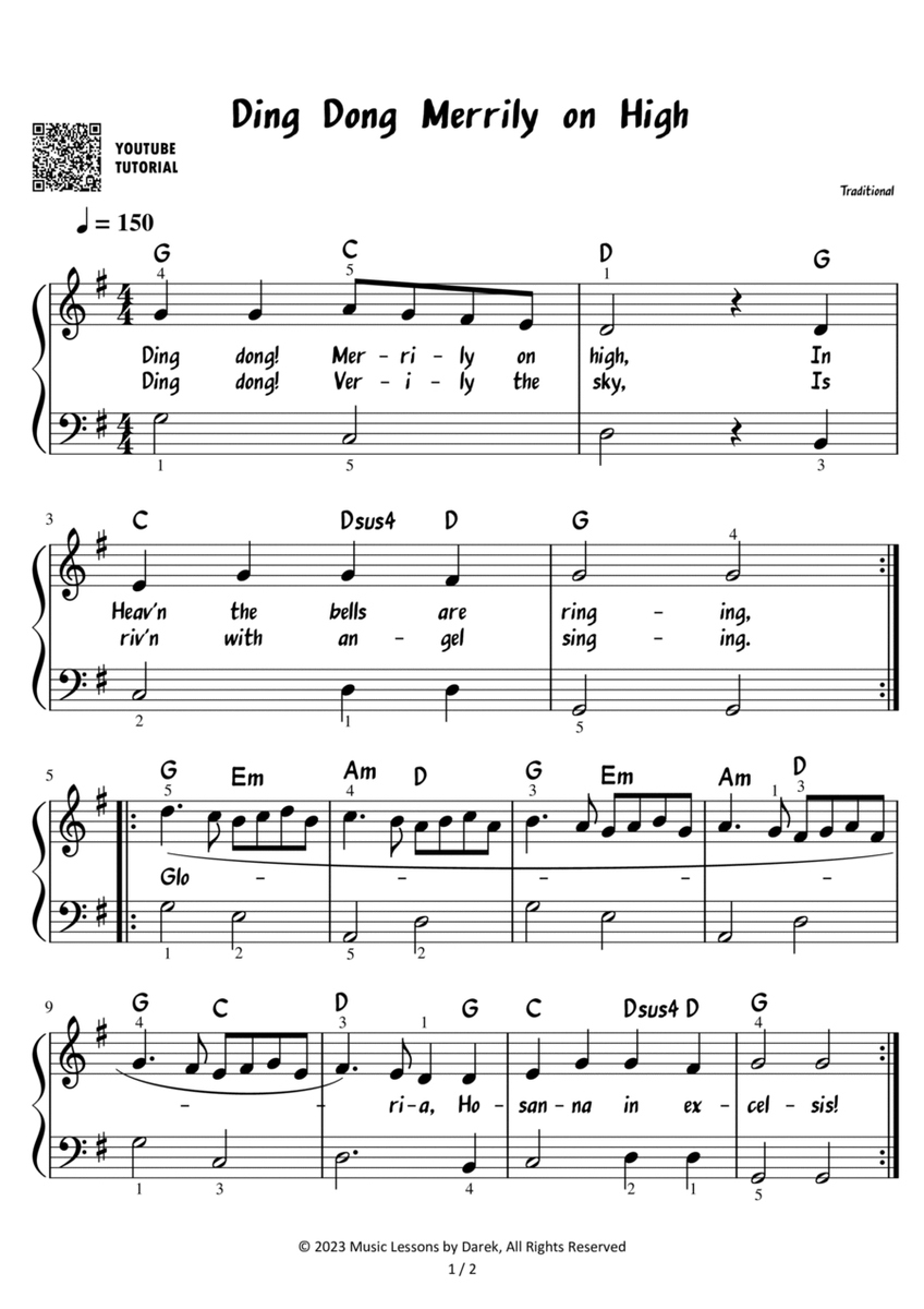 Ding Dong Merrily on High - Christmas Carol [EASY PIANO] image number null