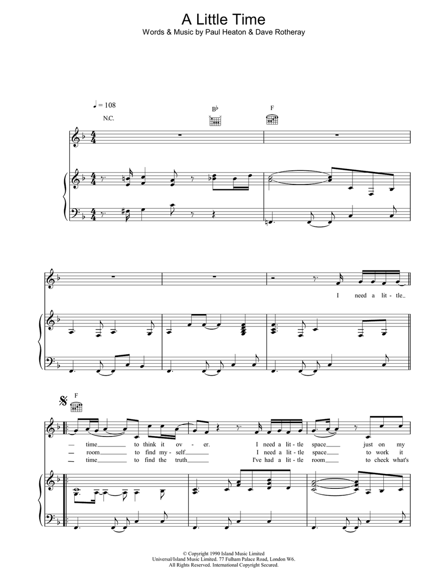 A Little Time Piano, Vocal, Guitar scores gallery preview page 1