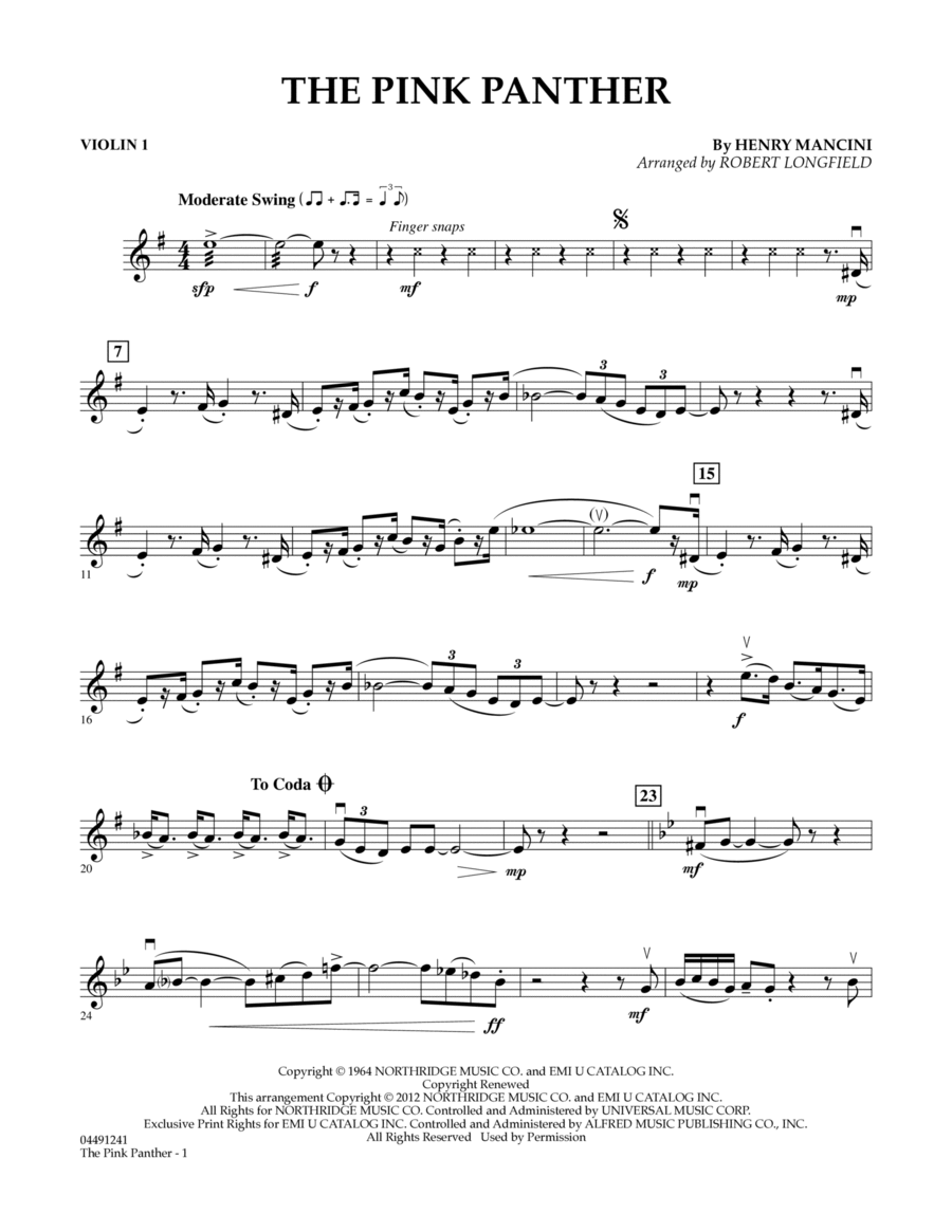 The Pink Panther (arr. Robert Longfield) - Violin 1 String Quartet scores gallery preview page 1
