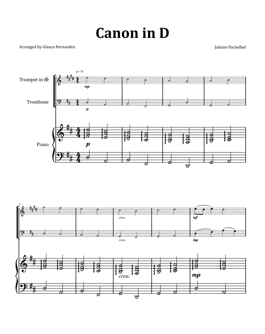 Canon by Pachelbel - Trumpet and Trombone Duet with Piano image number null