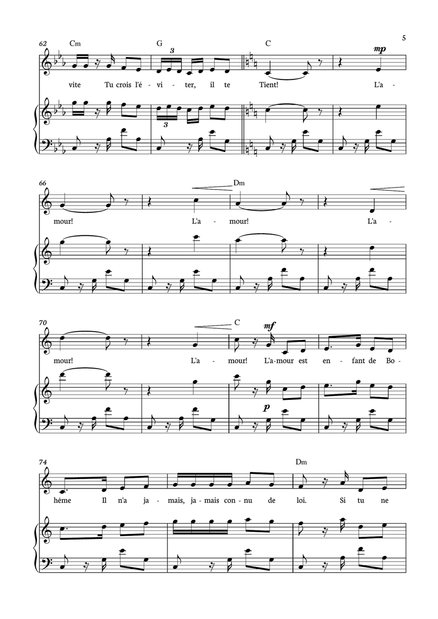 Habanera - Carmen for piano, chords and voice in C minor. Piano, Vocal scores gallery preview page 5