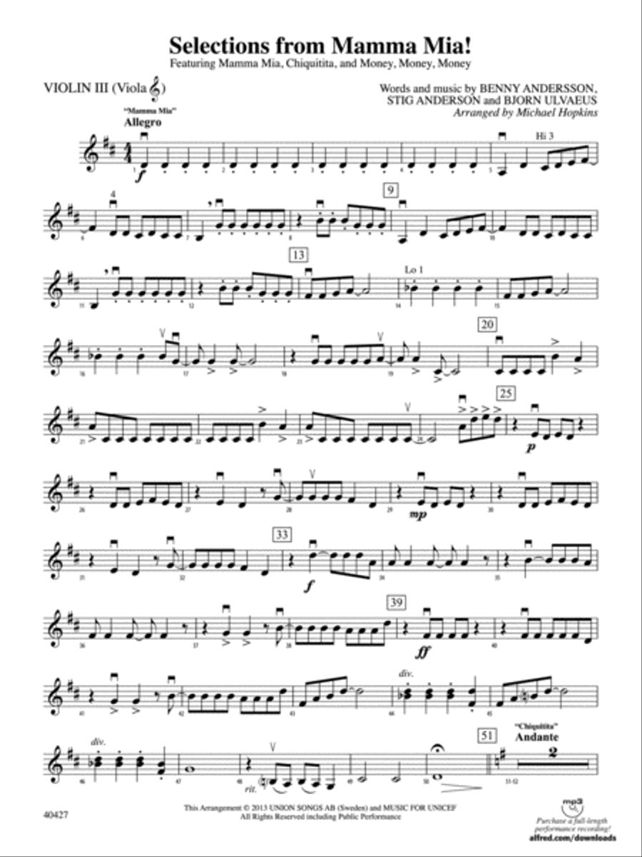 Mamma Mia! Selections from: 3rd Violin (Viola [TC]) String Orchestra scores gallery preview page 1