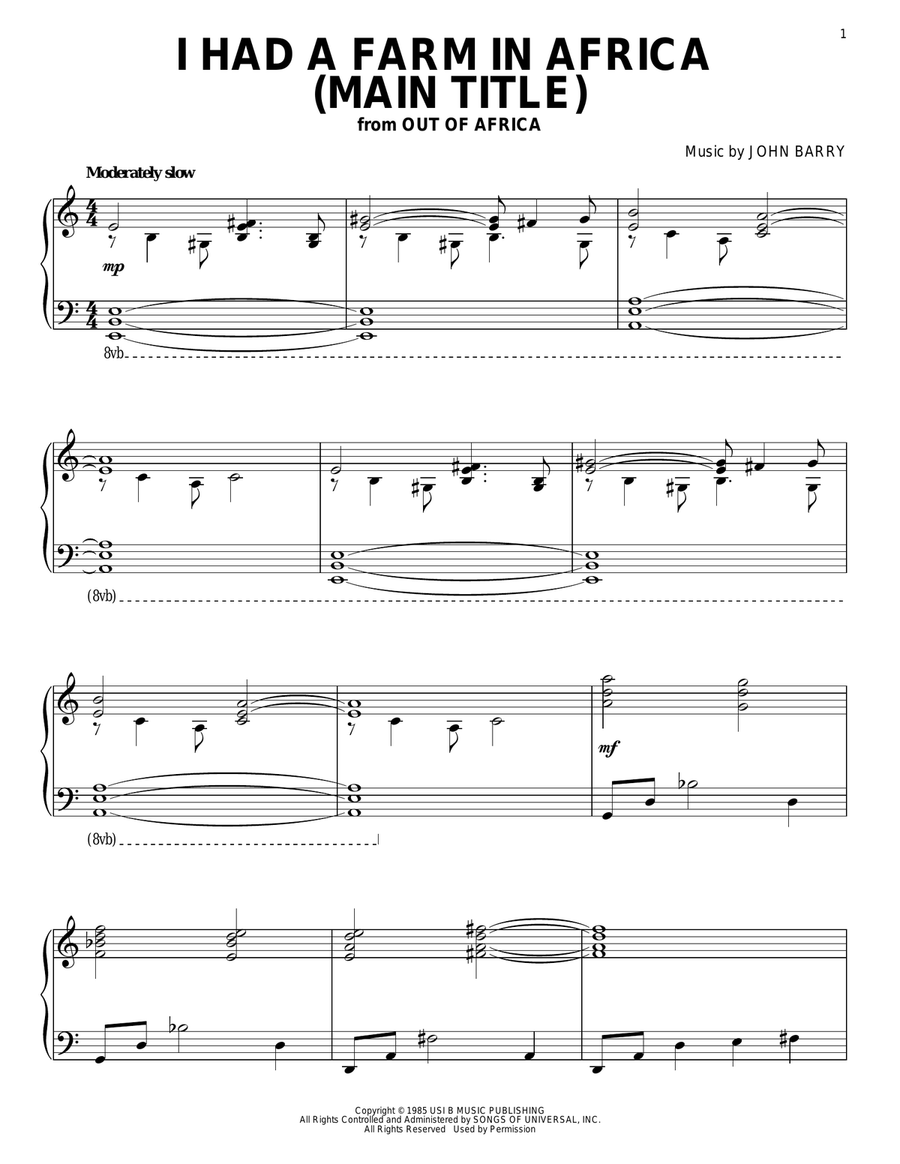 I Had A Farm In Africa (Main Title) (from Out Of Africa) Piano Solo scores gallery preview page 1