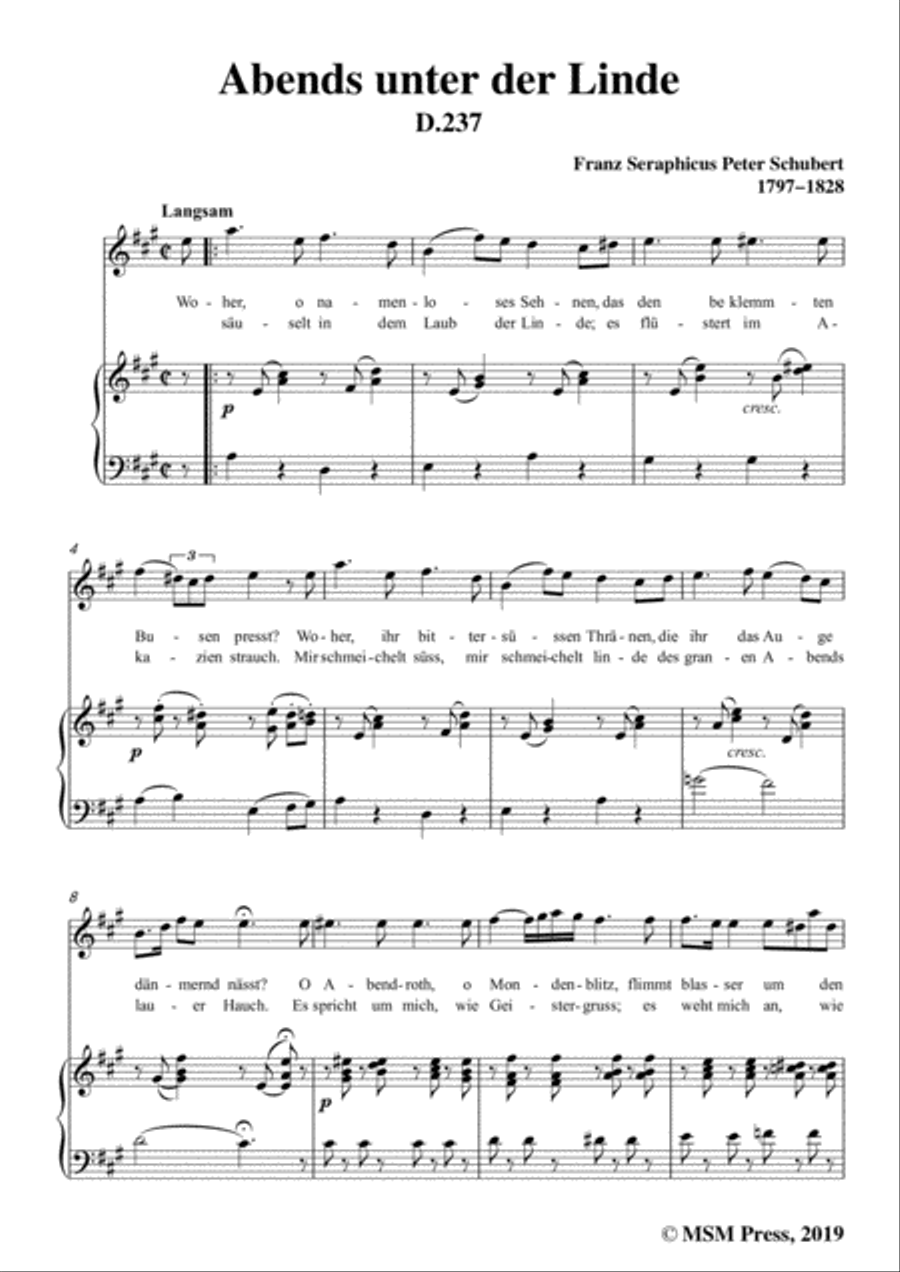 Schubert-Abends unter der Linde,D.237,in A Major,for Voice&Piano Voice scores gallery preview page 3