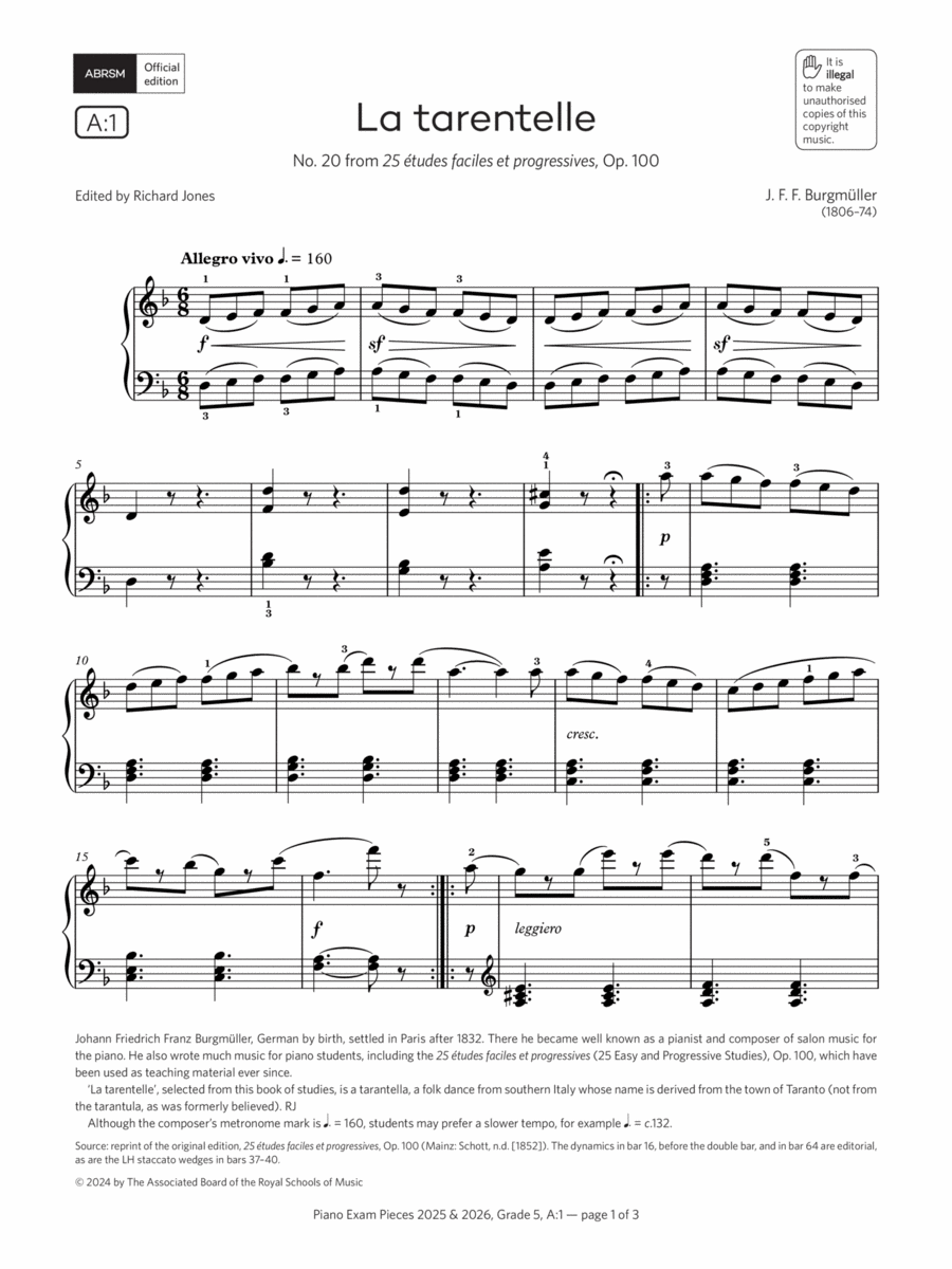La tarentelle (Grade 5, list A1, from the ABRSM Piano Syllabus 2025 & 2026) Piano Method scores gallery preview page 1