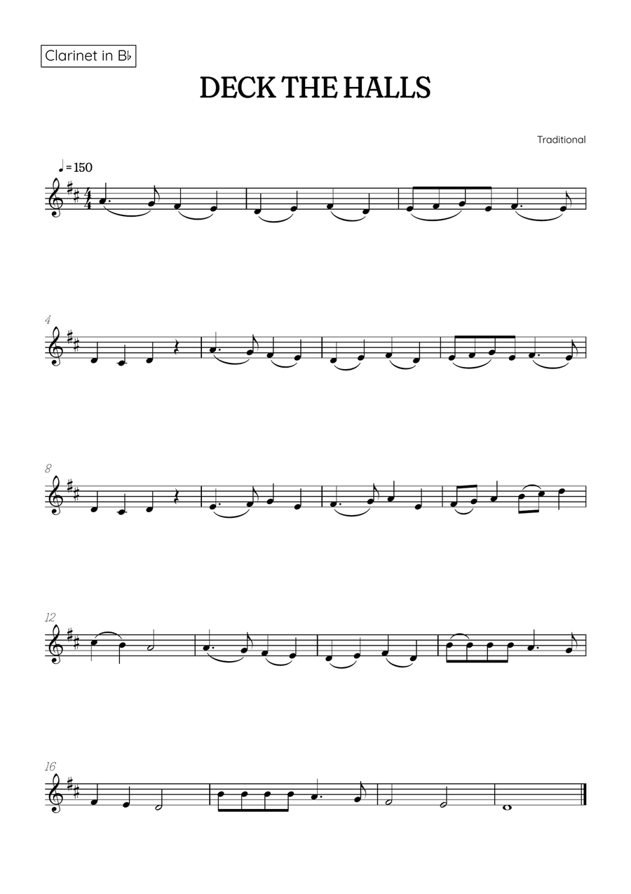 Deck the Halls for clarinet • easy Christmas song sheet music B-Flat Clarinet scores gallery preview page 1