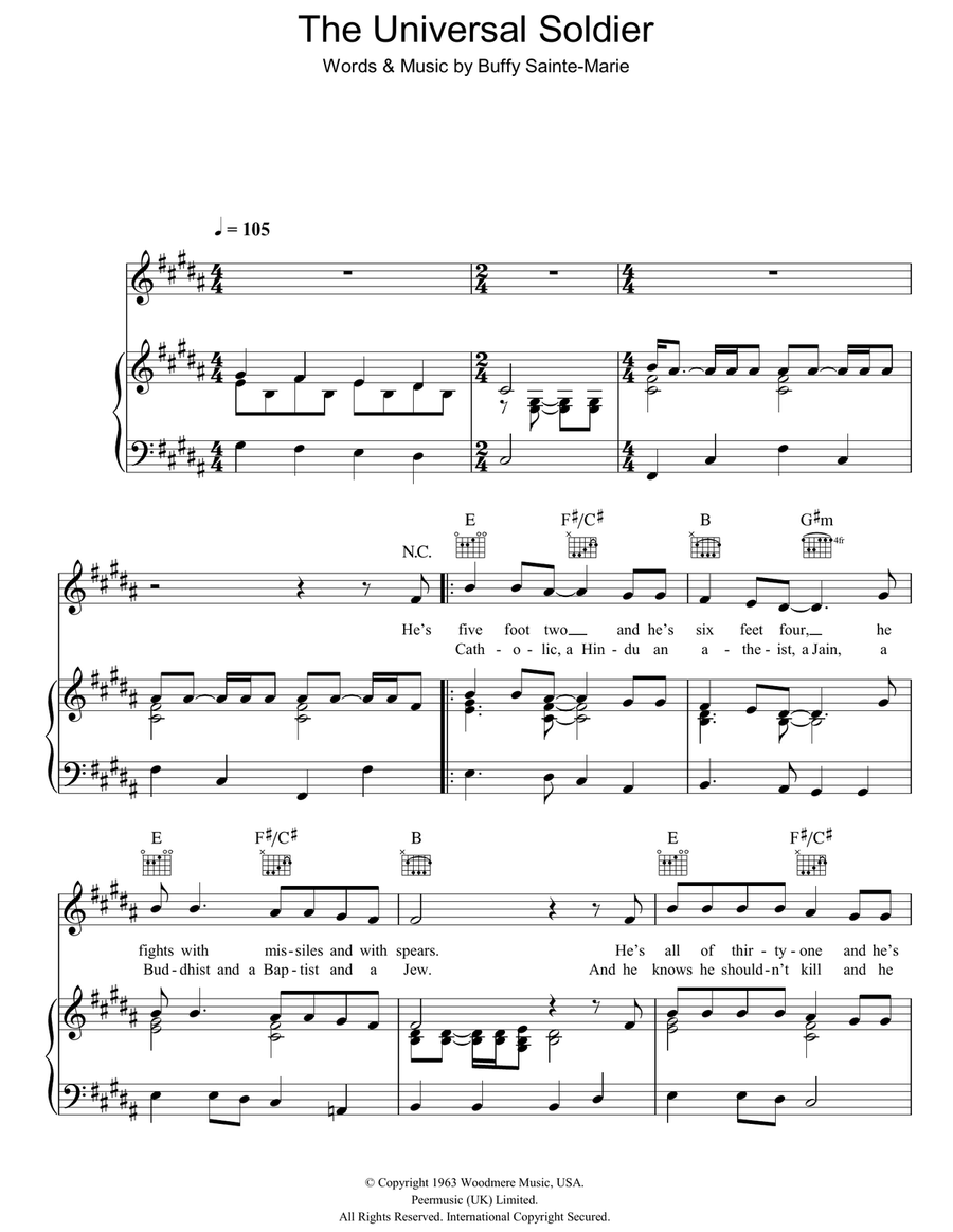The Universal Soldier Piano, Vocal, Guitar scores gallery preview page 1