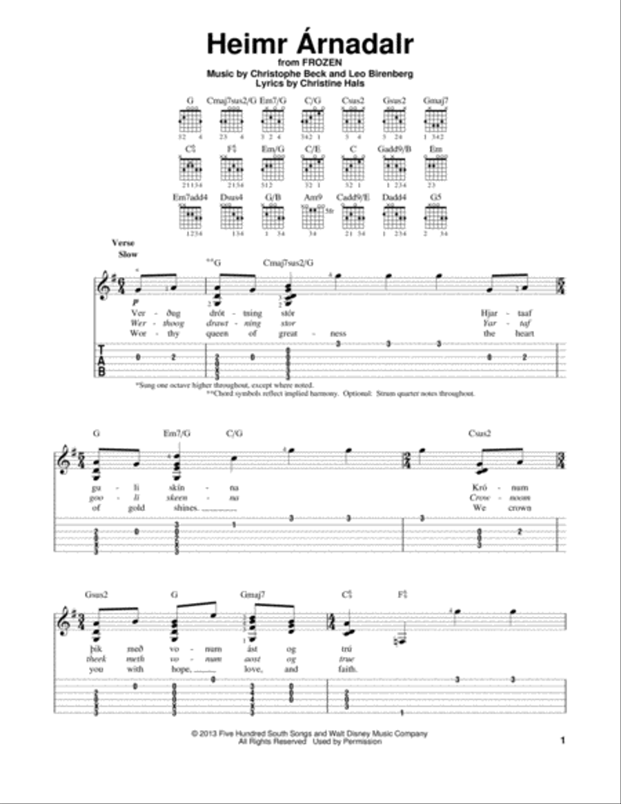 Heimr Arnadalr (from Disney's Frozen) Acoustic Guitar scores gallery preview page 1