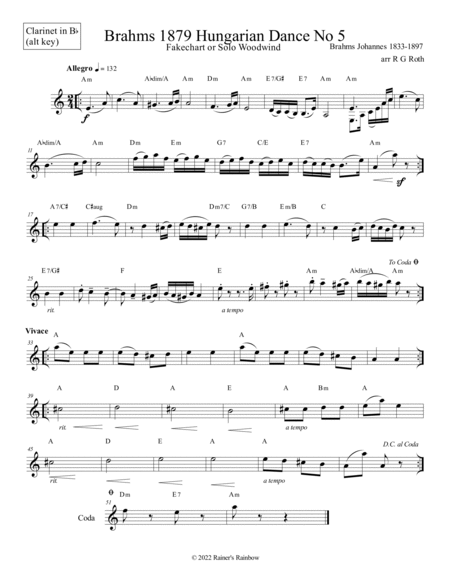 Brahms Hungarian Dance No 5 Clarinet Fakechart