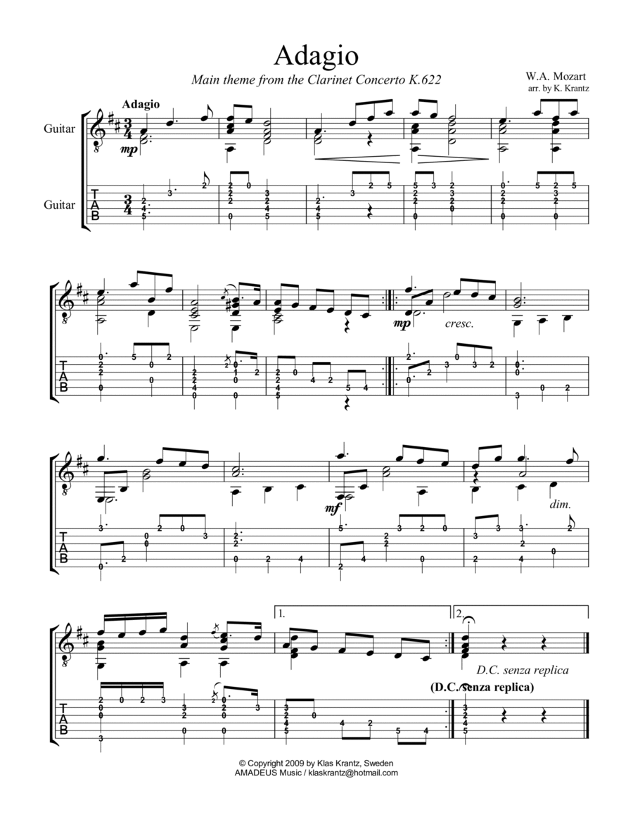 Adagio from the clarinet concerto (theme) easy guitar solo (+TAB) Clarinet scores gallery preview page 1