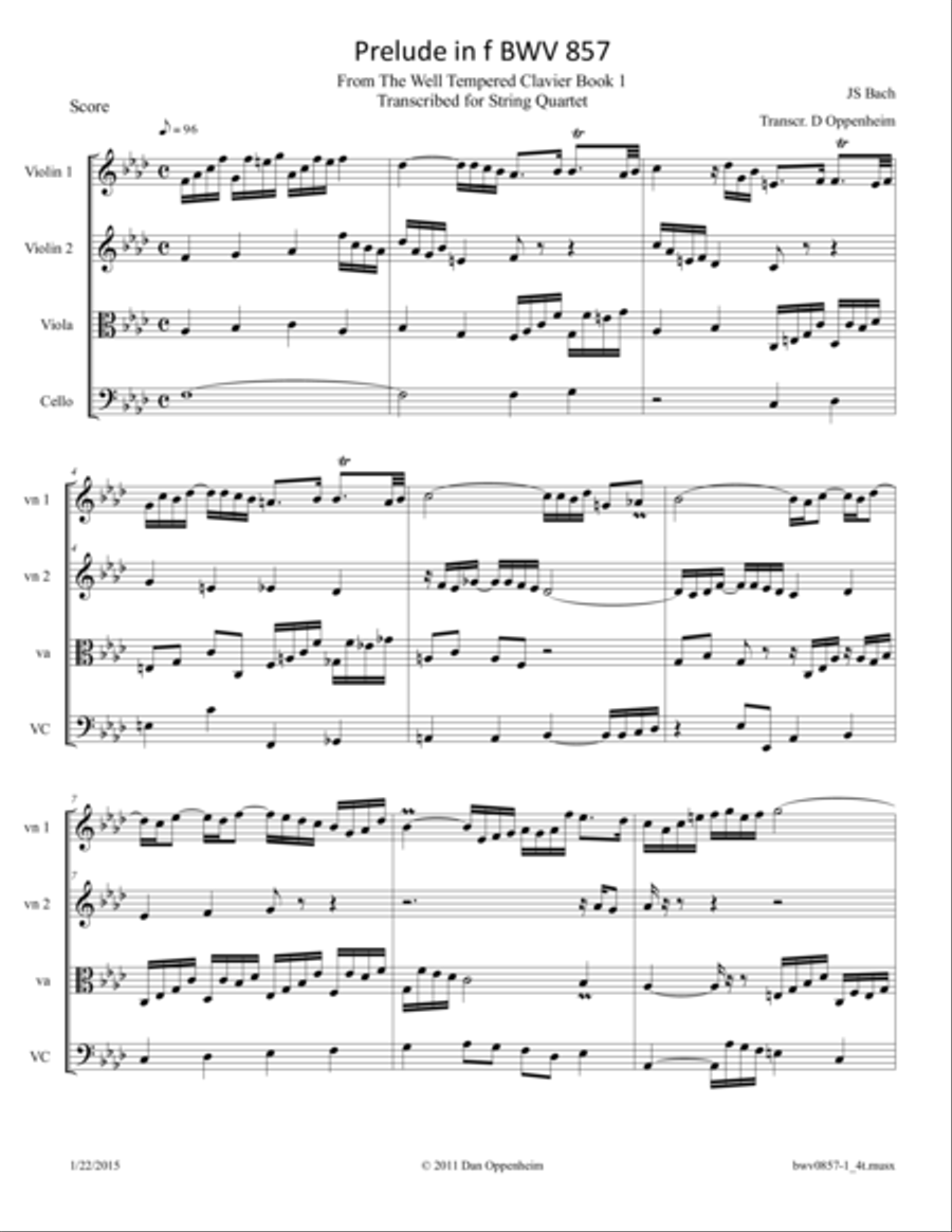Bach: Prelude in F minor from The Well Tempered Clavier BWV 857 arr. for String Quartet String Quartet scores gallery preview page 1