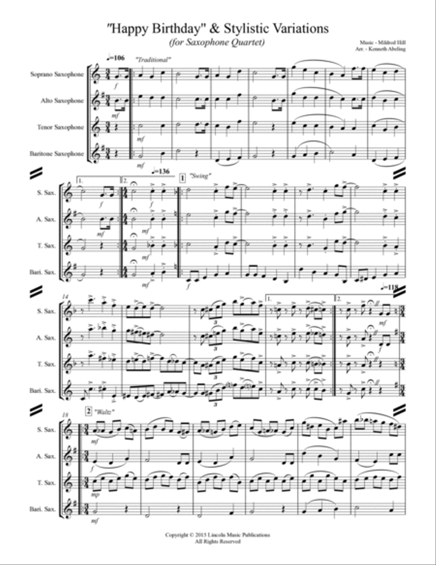 Happy Birthday and Stylistic Variations (for Saxophone Quartet SATB or AATB) Saxophone Quartet scores gallery preview page 2