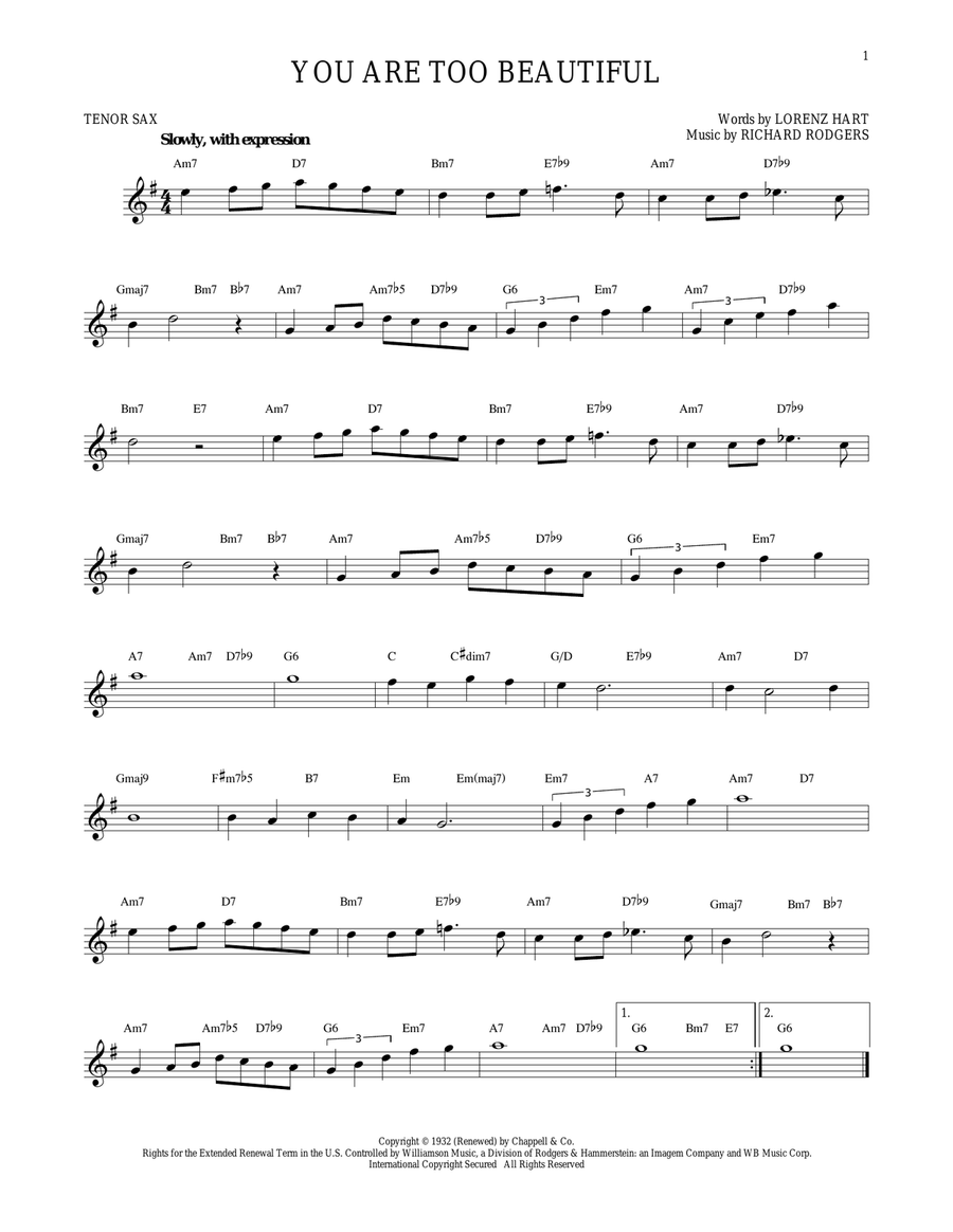 You Are Too Beautiful You Are Too Beautiful Tenor Saxophone scores gallery preview page 1