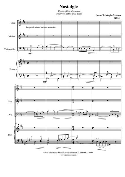 Nostalgie for soprano and piano trio --- FULL SCORE AND PARTS --- JCM2012