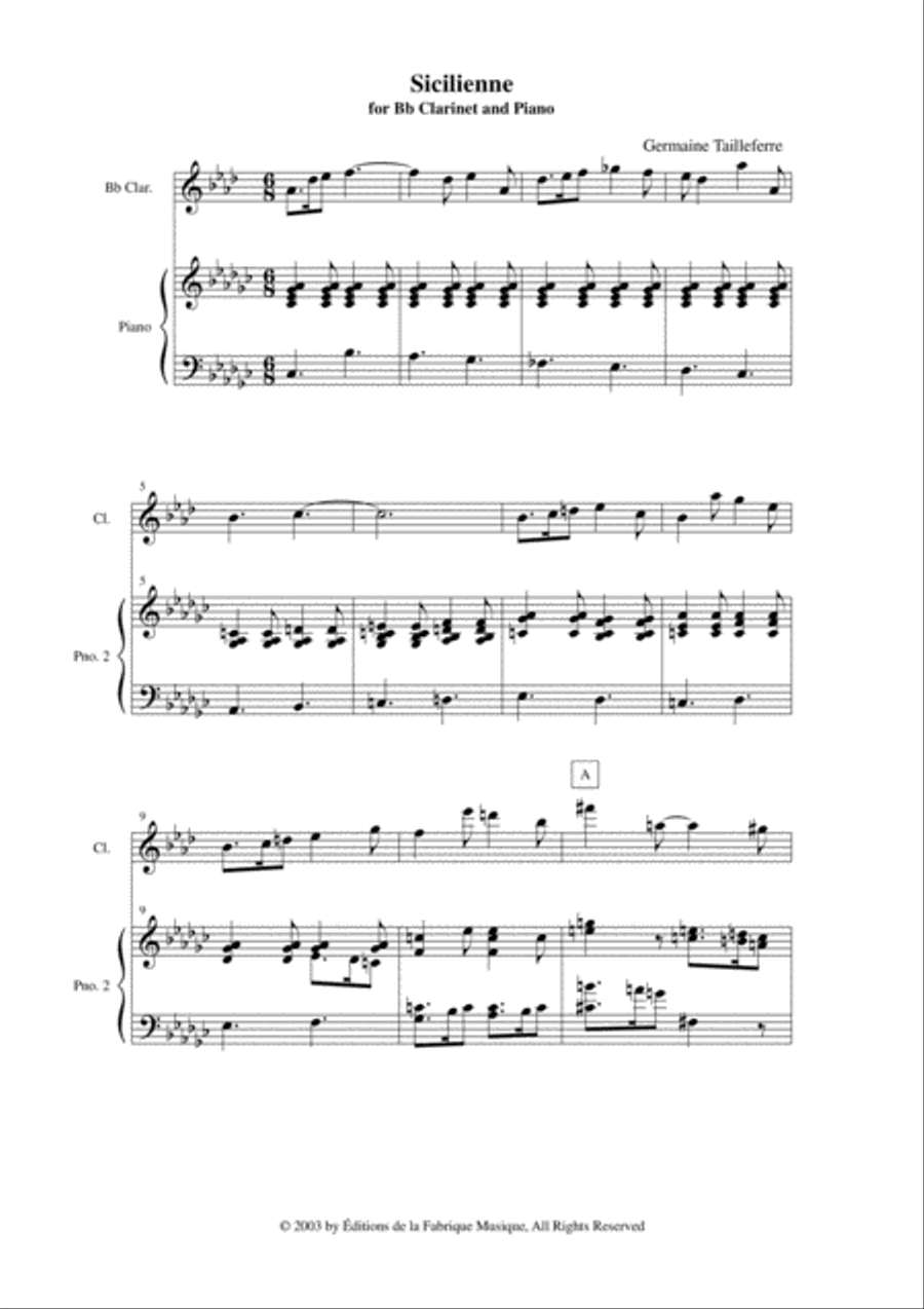 Germaine Tailleferre: Sicilienne for clarinet and piano Clarinet Solo scores gallery preview page 2