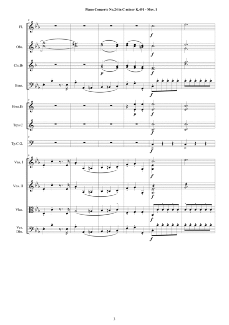 Mozart - Piano Concerto No.24 in C minor K 491 for Piano and Orchestra - Score and Parts Chamber Orchestra scores gallery preview page 3