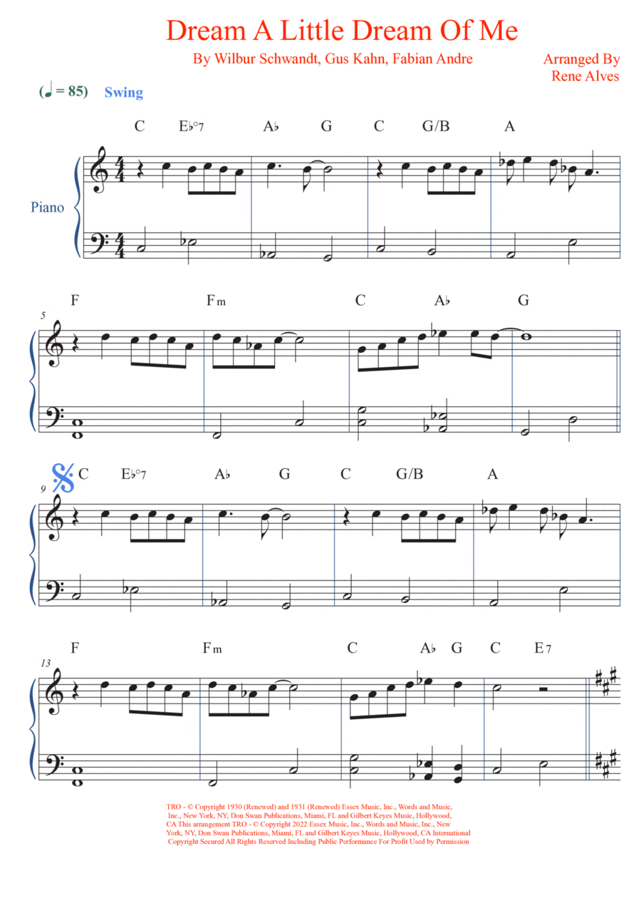 Dream A Little Dream Of Me Easy Piano scores gallery preview page 1