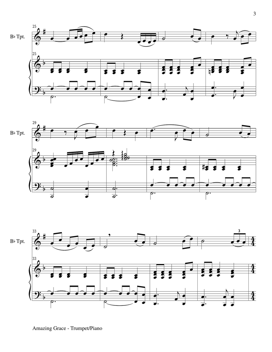 AMAZING GRACE (Bb Trumpet Piano and Trumpet Part) Trumpet Solo scores gallery preview page 3