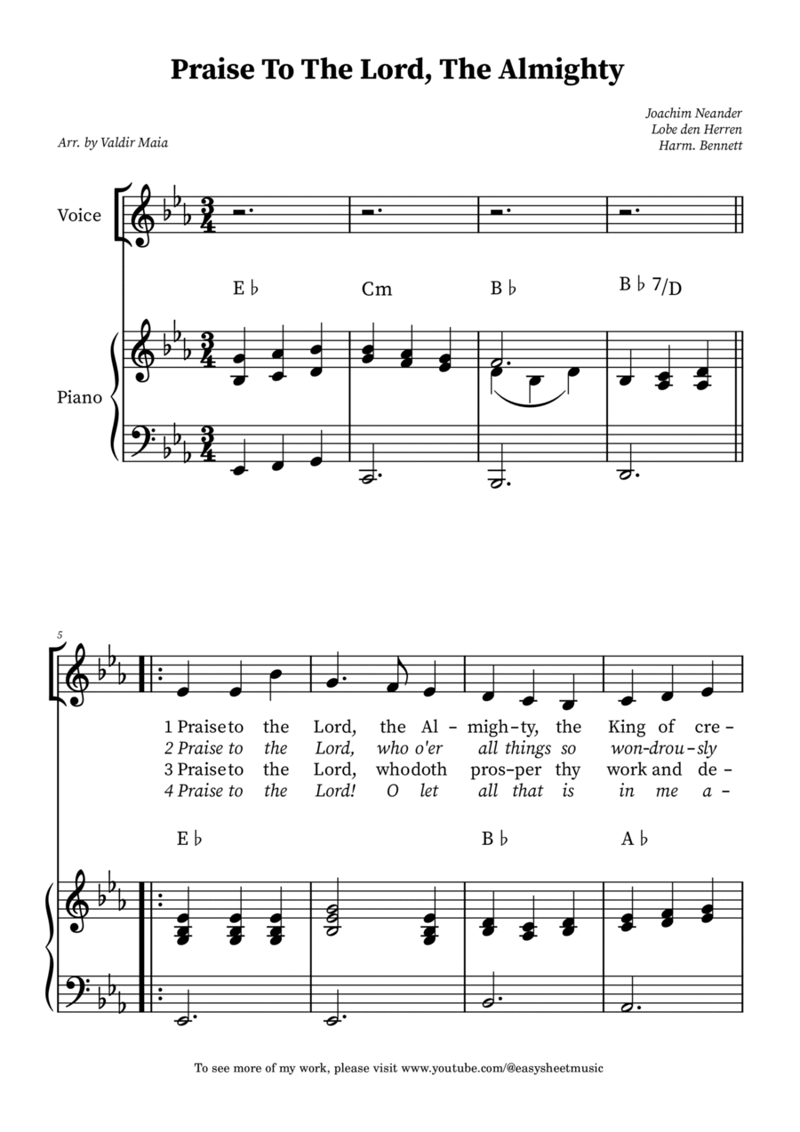Praise To The Lord, The Almighty – Voice with Piano Accompaniment (E Flat Major) Voice scores gallery preview page 1