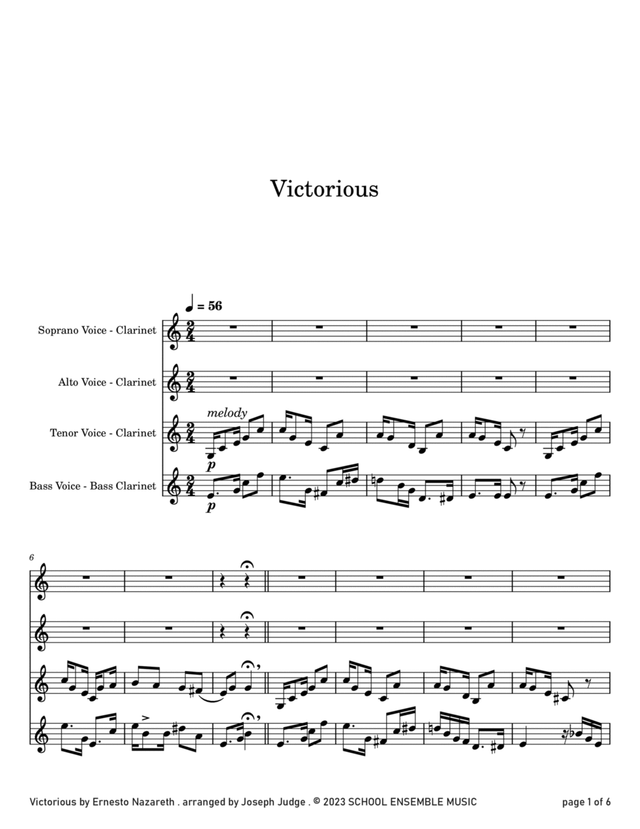 Victorious by Ernesto Nazareth for Clarinet Quartet in Schools Clarinet Quartet scores gallery preview page 1