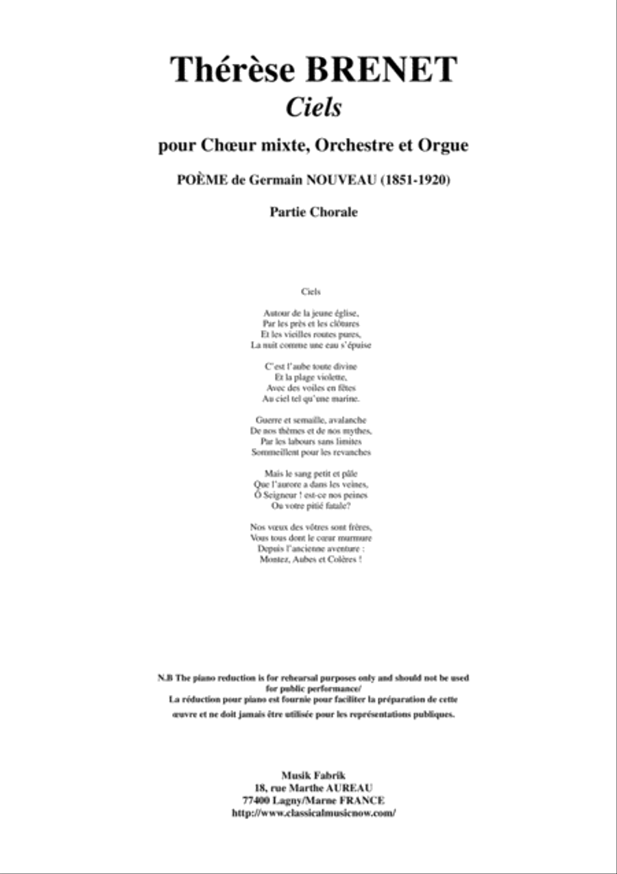 Thérèse Brenet: Ciels for SATB chorus, orchestra and organ, chorus part 4-Part scores gallery preview page 1