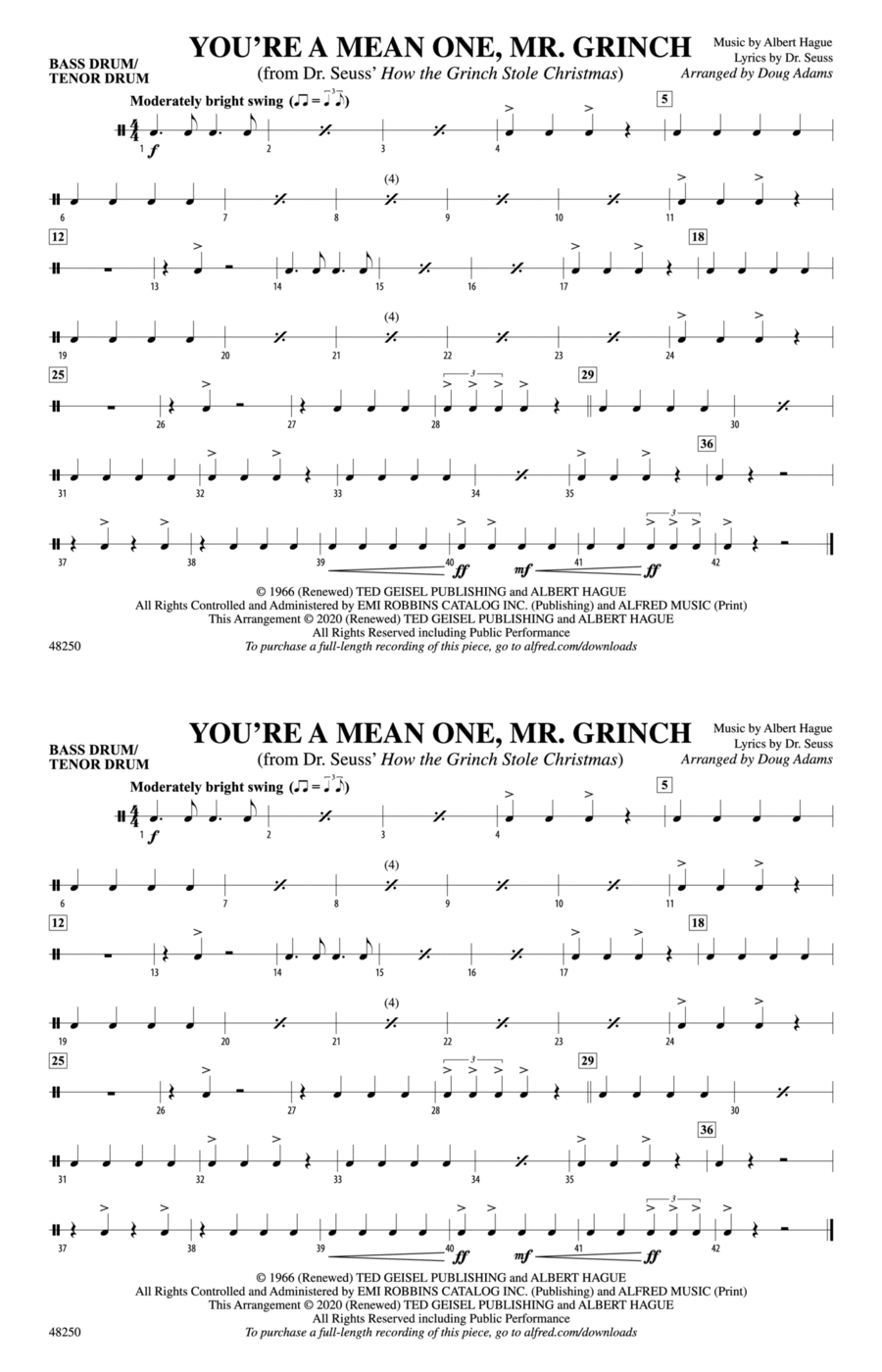 You're a Mean One, Mr. Grinch: Bass Drum/Tenor Drum Marching Band scores gallery preview page 1