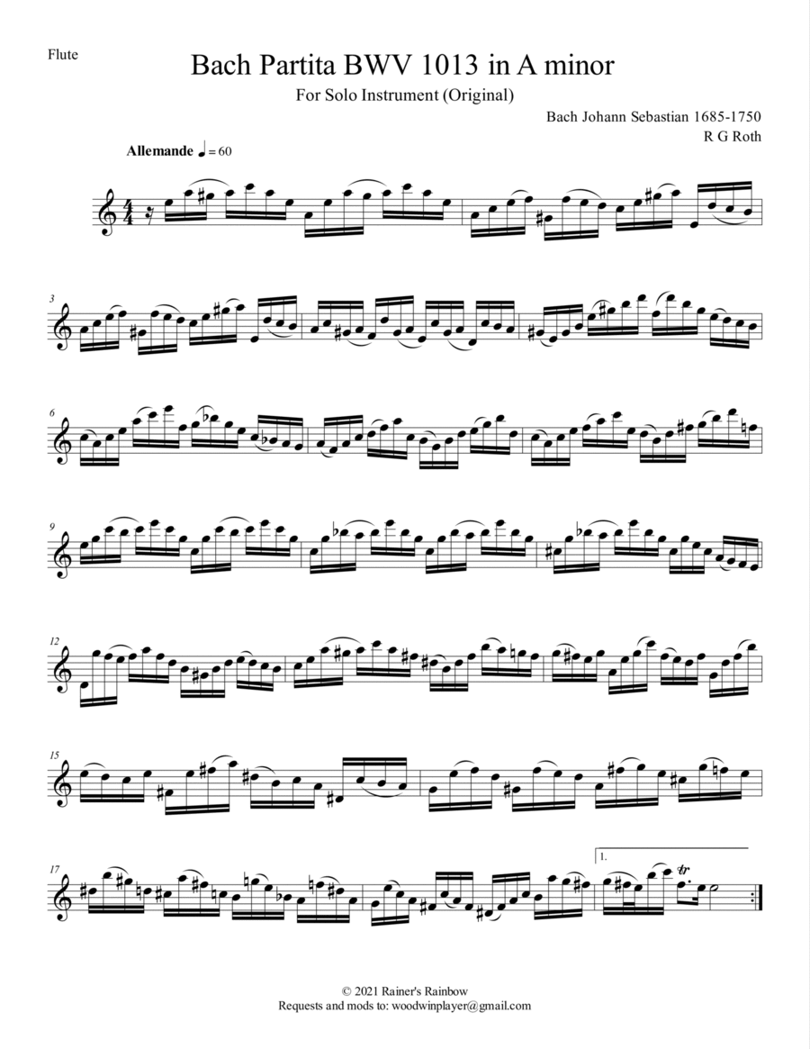 Bach 1723 BWV 1013 Partita in 4 Movements for Flute or Alto Flute (transposed part)