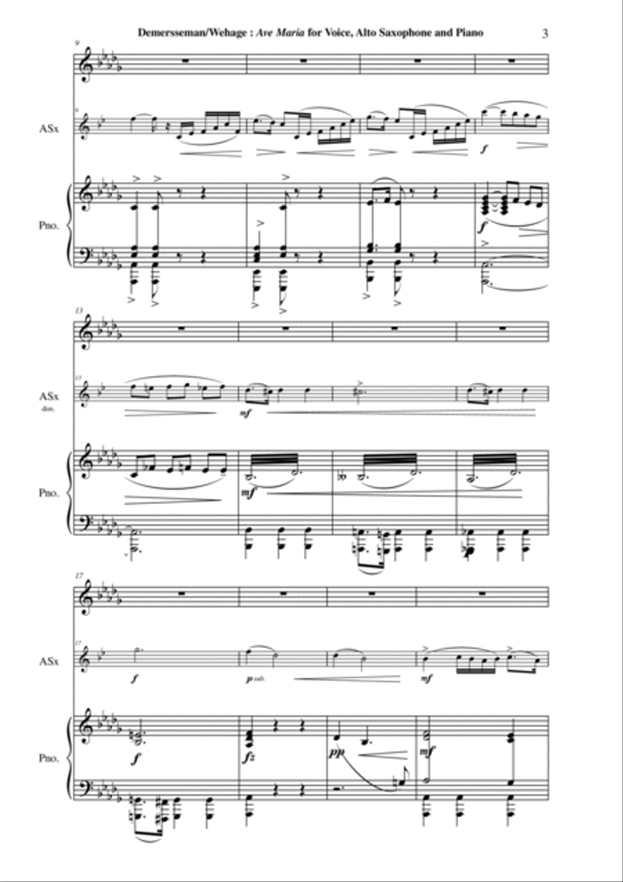 Jules Demersseman : Ave Maria for medium voice, alto saxophone and piano Small Ensemble scores gallery preview page 3