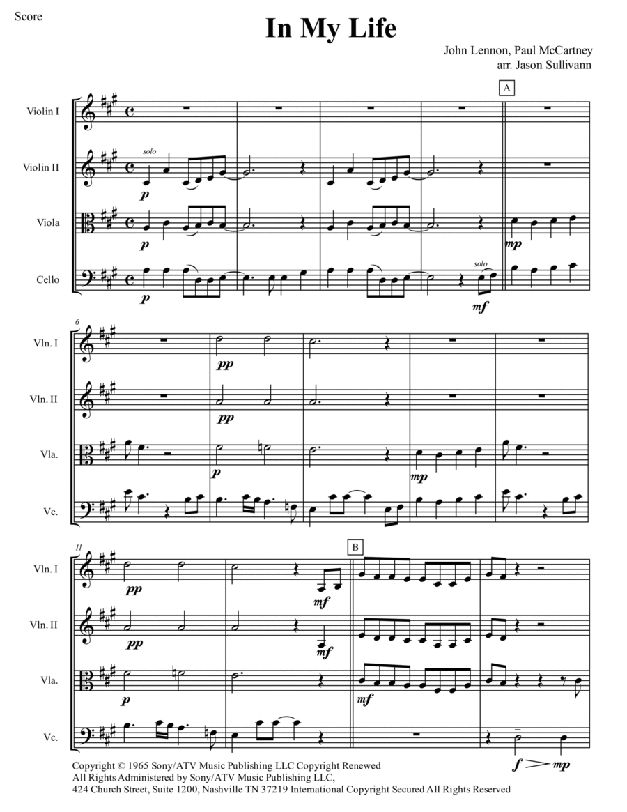 In My Life String Quartet scores gallery preview page 1