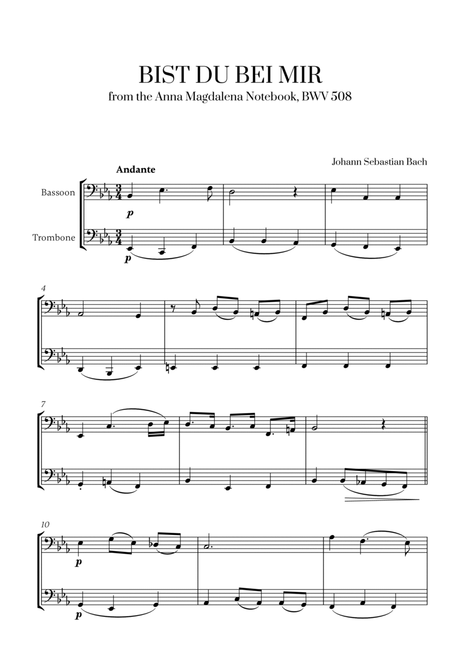 Johann Sebastian Bach - Bist du bei Mir (BWV 508) (for Bassoon and Trombone) Trombone Duet scores gallery preview page 1