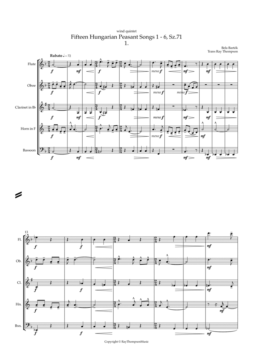 Bartók: Fifteen Hungarian Peasant Songs, Sz.71 (Nos. 1 - 6) - wind quintet image number null