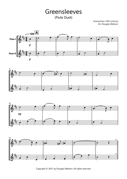 Greensleeves sheet music for flute duet image number null