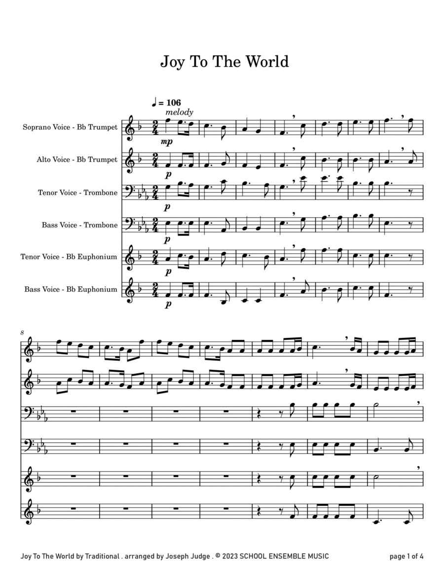 Joy To The World for Brass Quartet in Schools Brass Quartet scores gallery preview page 1