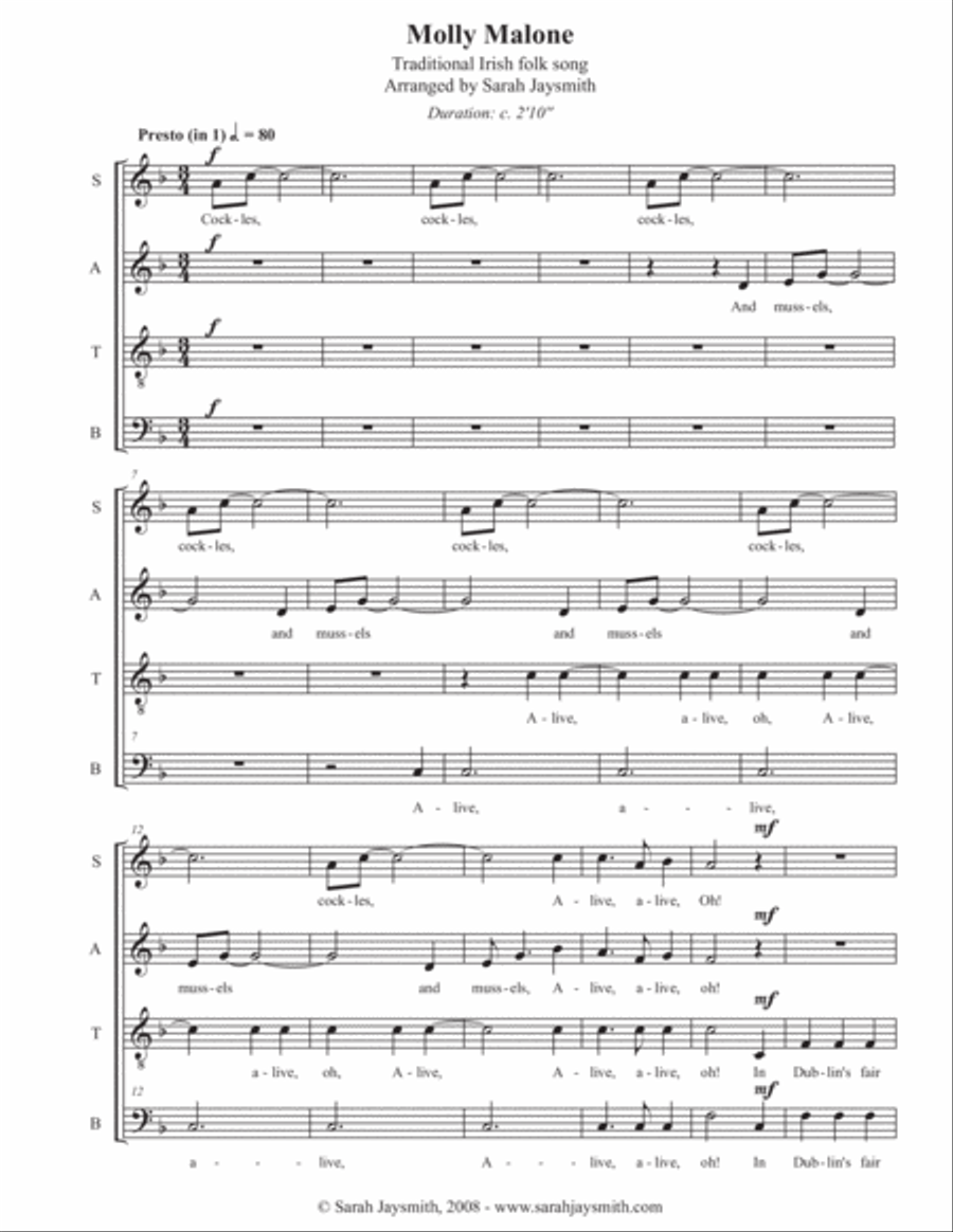 Molly Malone (SATB, a cappella) arranged by Sarah Jaysmith (Traditional Irish folk song) 4-Part scores gallery preview page 1