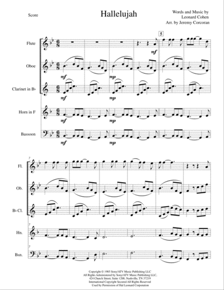 Hallelujah Woodwind Quintet scores gallery preview page 2