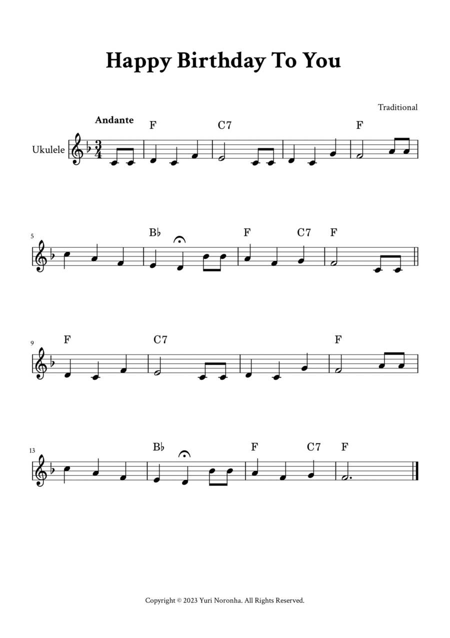 Happy Birthday To You - For Ukulele (F Major - with Chords) Ukulele scores gallery preview page 1