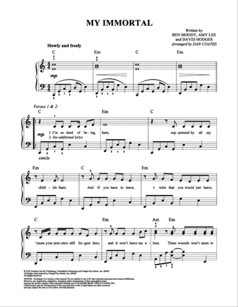 My Immortal Easy Piano scores gallery preview page 1