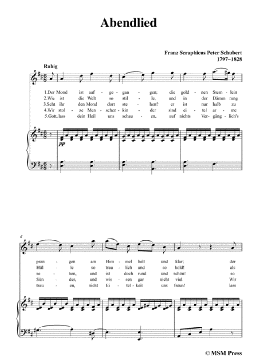 Schubert-Abendlied (Claudius),in D Major,for Voice and Piano Voice Solo scores gallery preview page 3
