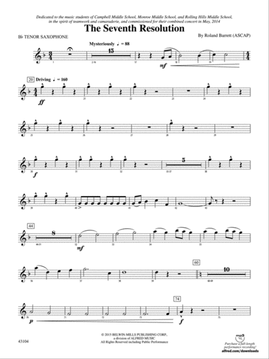 The Seventh Resolution: B-flat Tenor Saxophone Concert Band scores gallery preview page 1