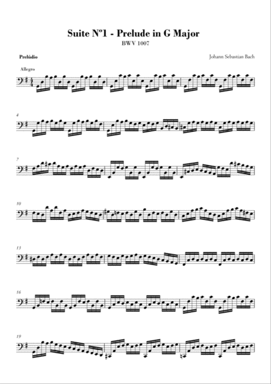 Bach Cello Suite nº 1 - Prelude in G BWV 1007 - without bowings or interpretation marks - clean she Cello Solo scores gallery preview page 1