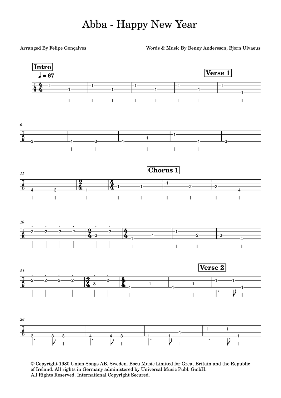 Happy New Year Bass Guitar Tablature scores gallery preview page 1