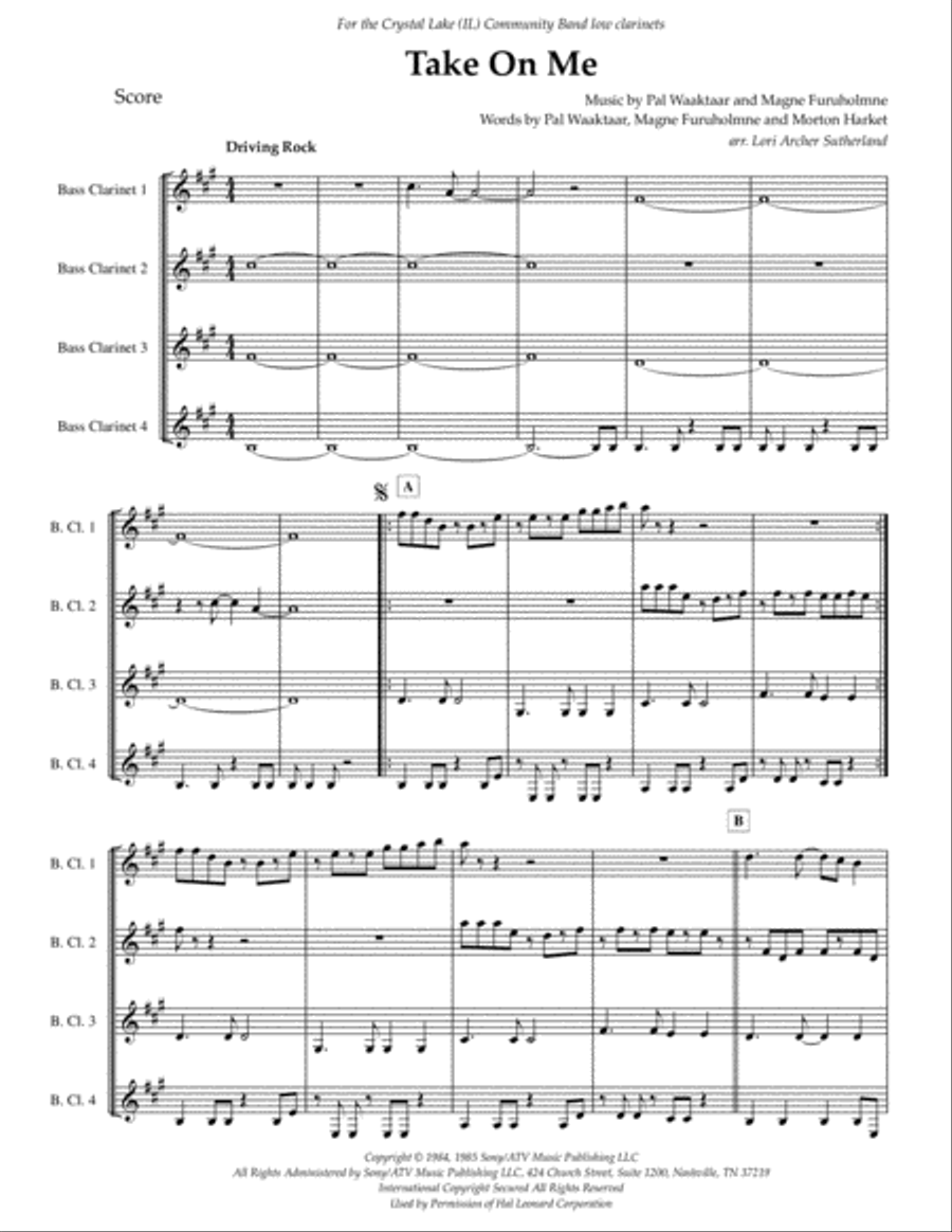 Take On Me Clarinet Quartet scores gallery preview page 3