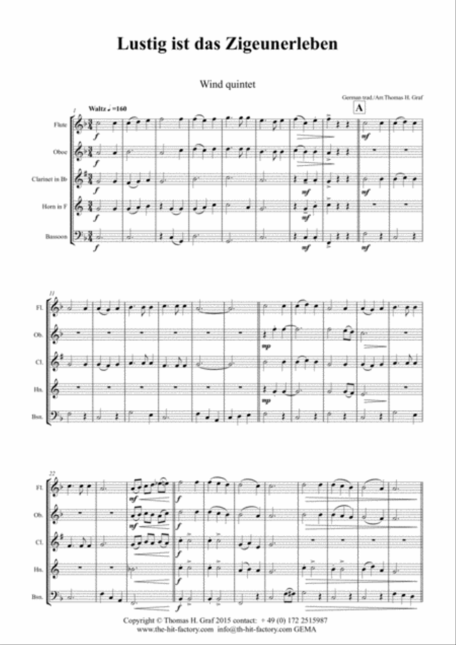 Lustig ist das Zigeunerleben - German Folk Song Waltz October Fest - Woodwind Quintet Woodwind Quintet scores gallery preview page 1