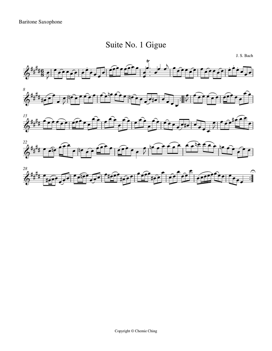 J.S. Bach - Cello Suite No.1 in G major, BWV 1007 - VI. Gigue arranged for Baritone Saxophone Baritone Saxophone scores gallery preview page 1