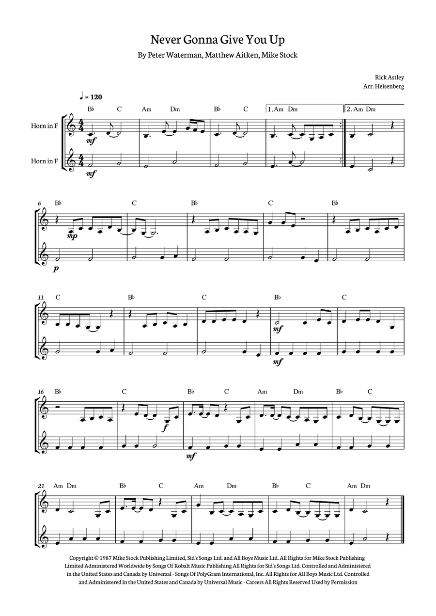 Never Gonna Give You Up Brass Duet scores gallery preview page 1