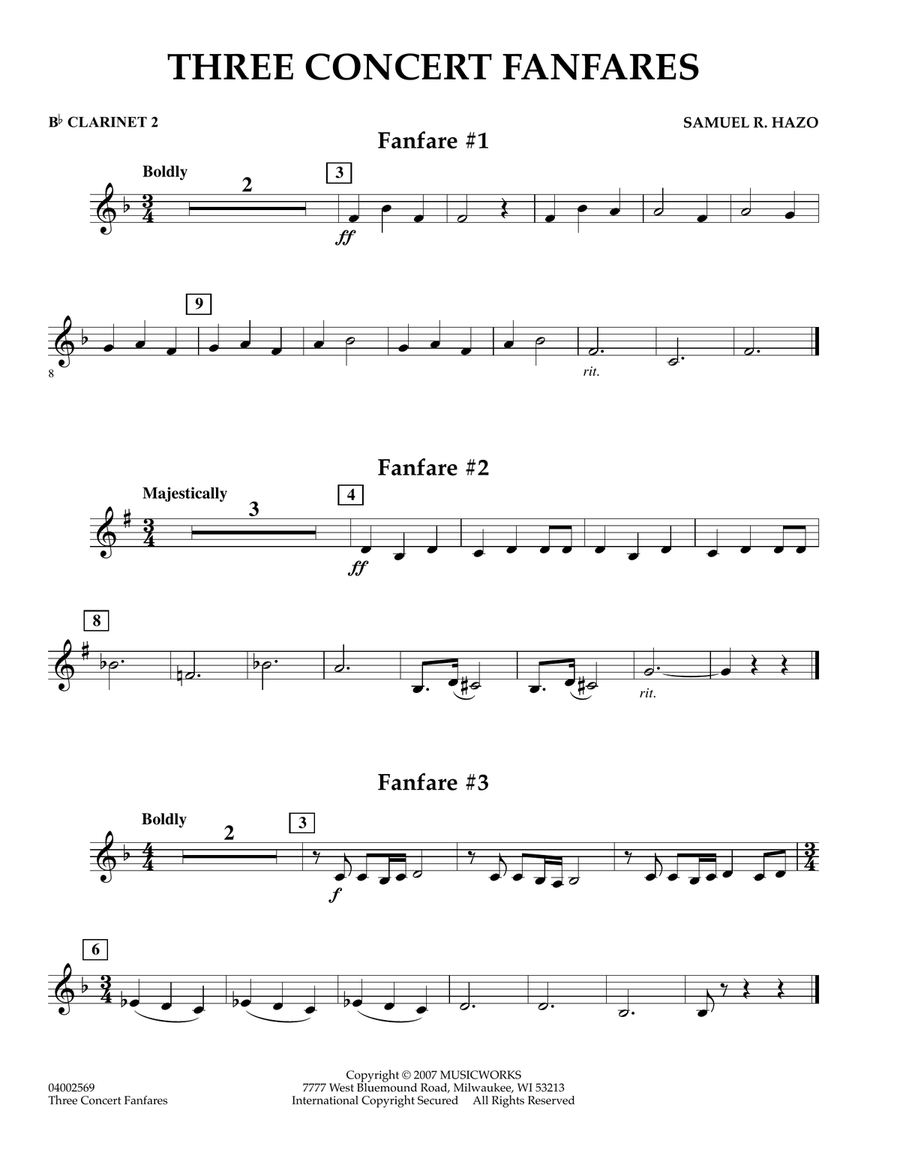 Three Concert Fanfares - Bb Clarinet 2 Concert Band scores gallery preview page 1