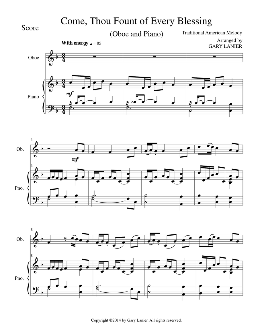 COME, THOU FOUNT OF EVERY BLESSING (Oboe/Piano and Oboe Part) Piano scores gallery preview page 1