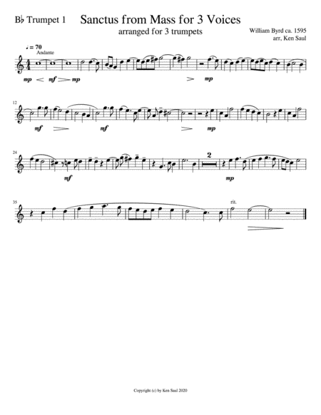Sanctus from William Byrd's 1595 Mass for 3 Voices arr. for trumpet trio