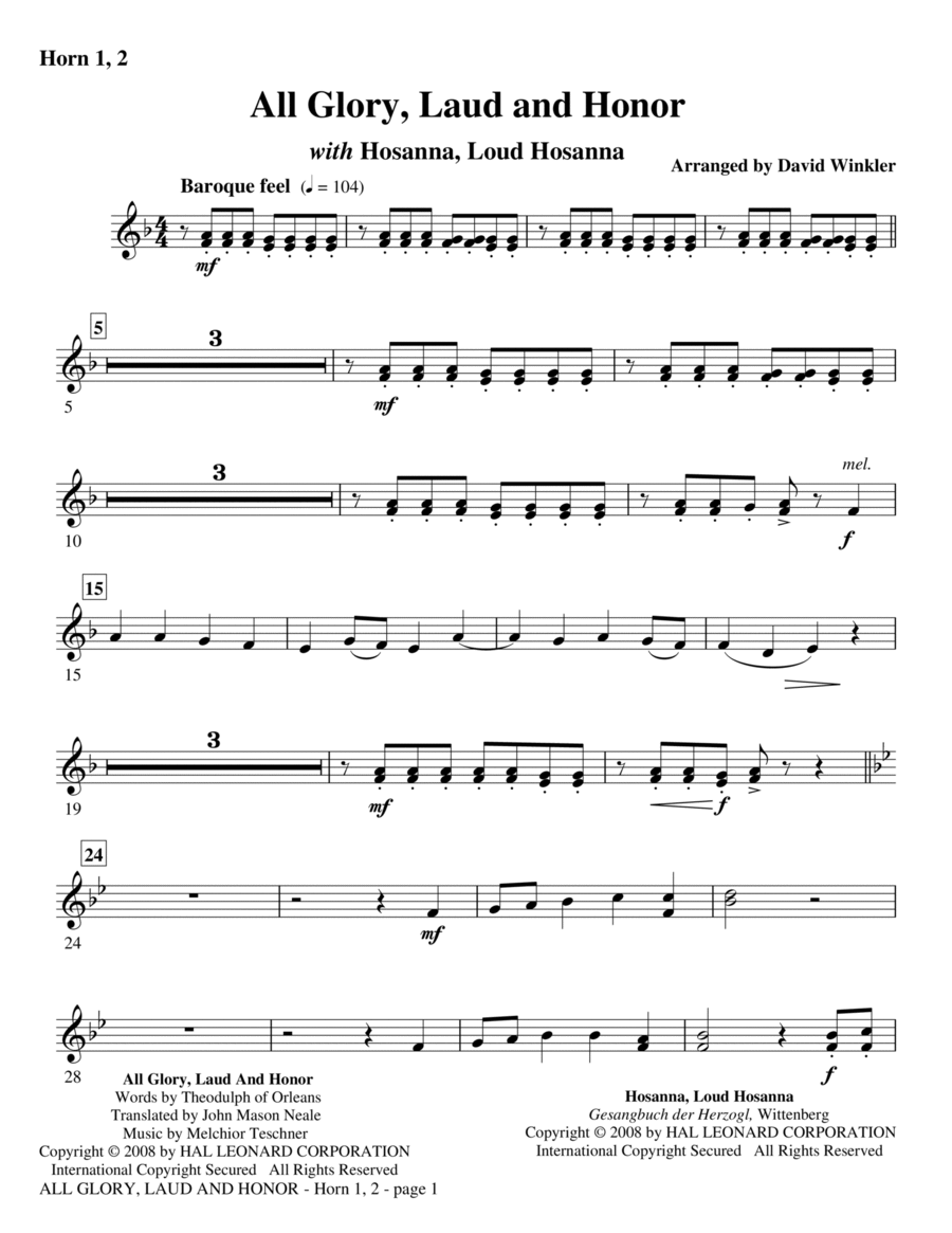 All Glory, Laud, And Honor (with Hosanna, Loud Hosanna) - F Horn 1,2 Horn scores gallery preview page 1