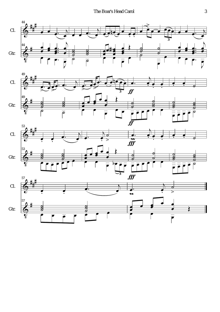 The Boar's Head Carol for clarinet and guitar Clarinet scores gallery preview page 3